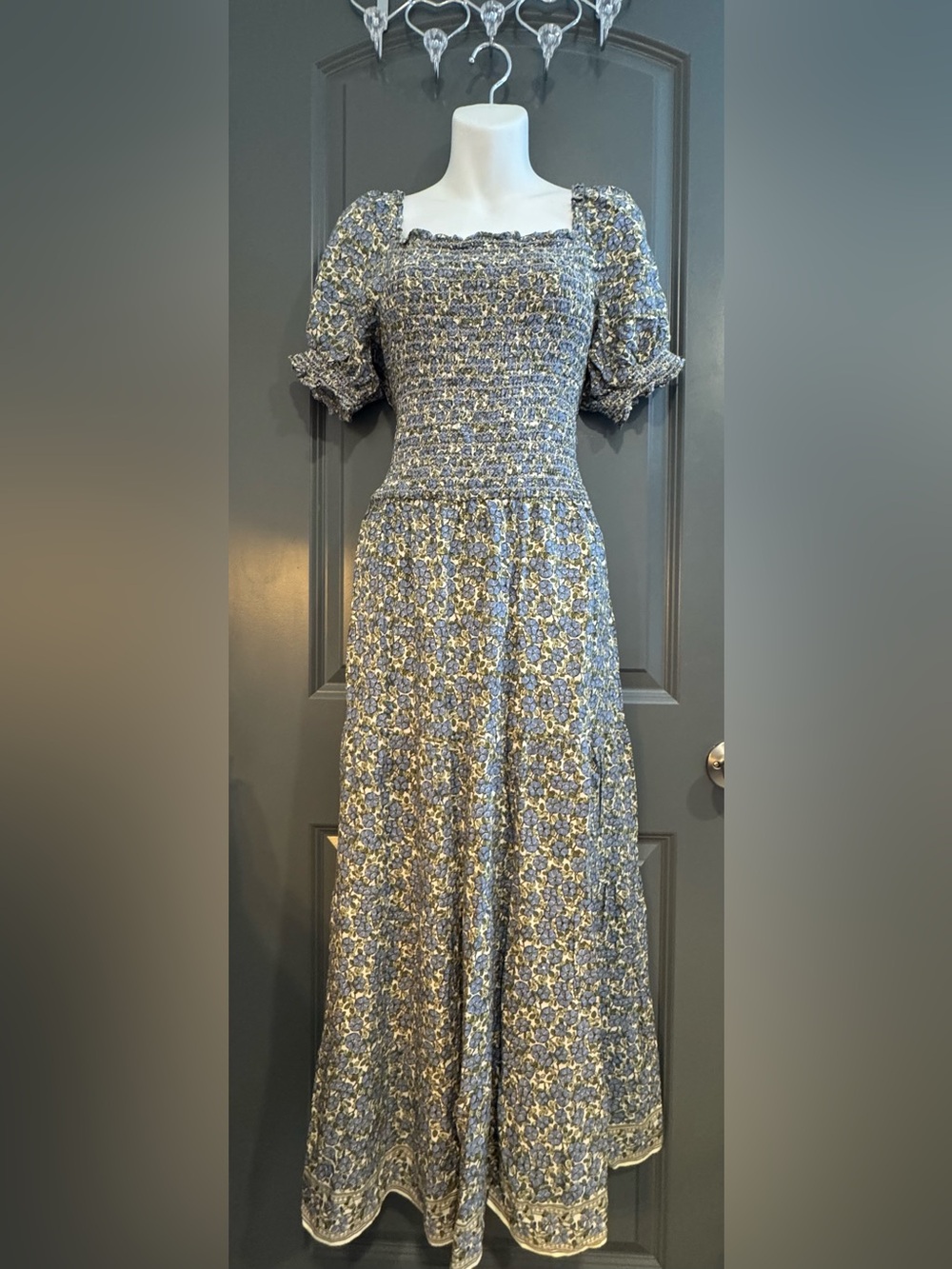 Max Studio Blue and Olive Floral Smocked Midi Dress